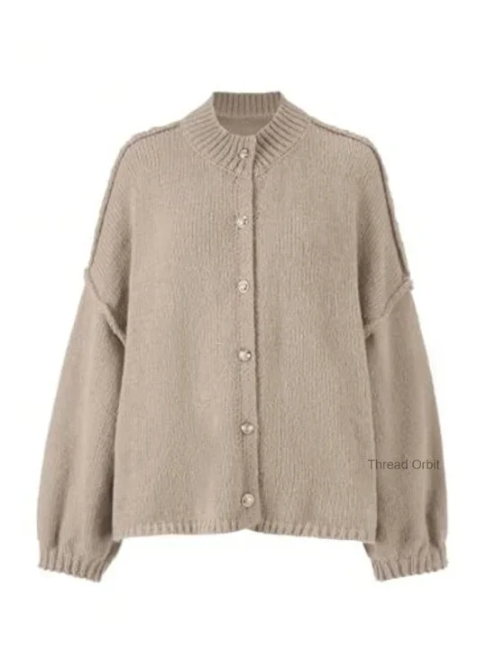 Chunky Knit Cardigan Lantern Sleeves Button Down Cozy Sweater Fall Outerwear - Picture 5 of 5